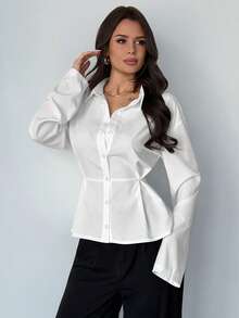 Firerie Women's Chic White Elegant Office Long Sleeve Blouse,Minimalist Autumn Commute A-Line Peplum Hem Shirt,Plain Pleat Button Fitted Collared Blouse,Fall - White - View 6