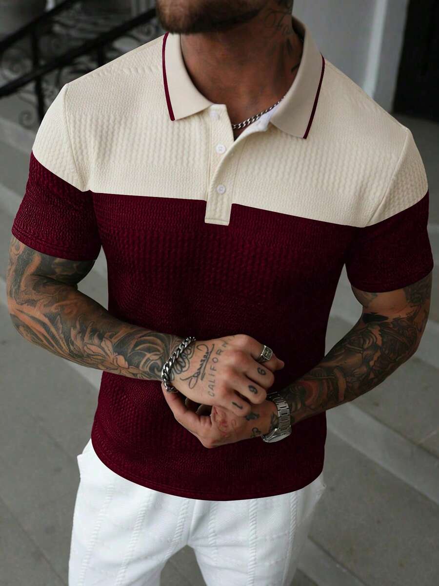 EGENSIO Men's Casual Commuting Contrast Color Textured Fabric Short Sleeve Polo Shirt, Summer - Multicolor - View 1
