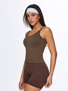Eassivo Eassivo Women's Brown Ribbed Seamless Workout Crop Top,Ribbed Knit, Seamless Hem, Soft Stretch Fabric For Everyday & Training, Brown Camisole,Brown Athletic Top,Ribbed Brown Top - Brown - View 3
