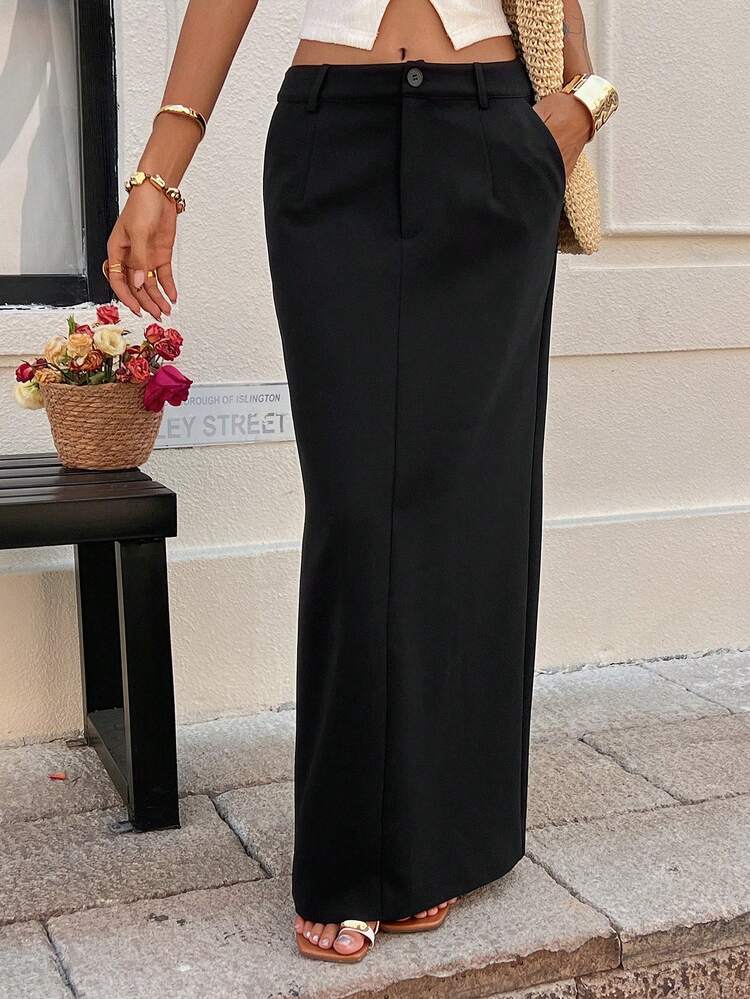 Women's Solid Color Pocket Button Casual Versatile Commute Skirt