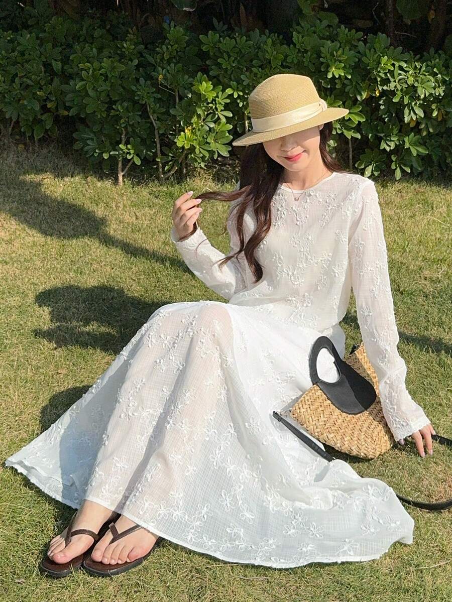 DAZY Conjunto de 2 piezas de top de manga larga texturizado y falda casual de vacaciones para mujer, otoño-verano - Blanco - Ver 1