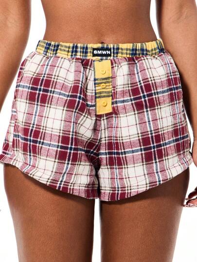 SUMWON WOMEN Women Plaid Check Boxer Shorts With Contrast Waistband Button Front Loungewear Sleep Bottoms Casual Comfort Pajama