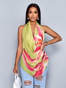 SOLERSUN Women's Casual Green Halter Neck Tank Top With Asymmetrical Hem And Floral Print - Green - View 6