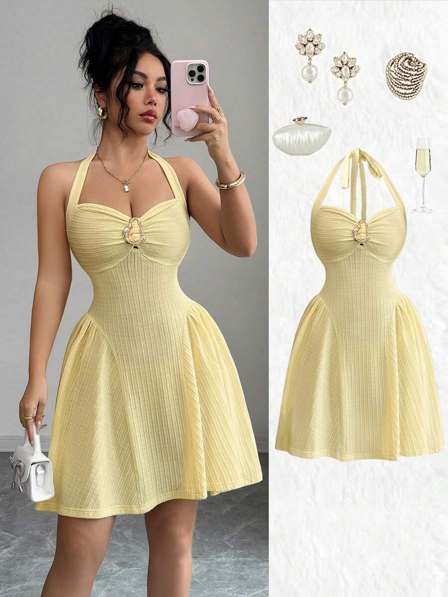 Elenzga 新款女士吊带针织纹理下摆A字褶皱性感时尚年轻度假派对日常休闲显瘦优雅精致连衣裙，春夏款 - 黃色 - 查看 1