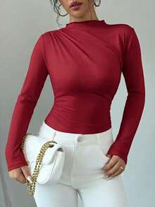 SHEIN Unity 女士纯色立领长袖修身不对称褶皱T恤 - 紅色 - 查看 5