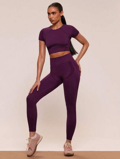 SHEIN BAE Women Plain Solid Color Crew Neck Short Sleeve Top And Stretchy Seamless Long Pants Athletic Sportswear Set Workout Women Set Women Leggings Set Gym Women Outfit