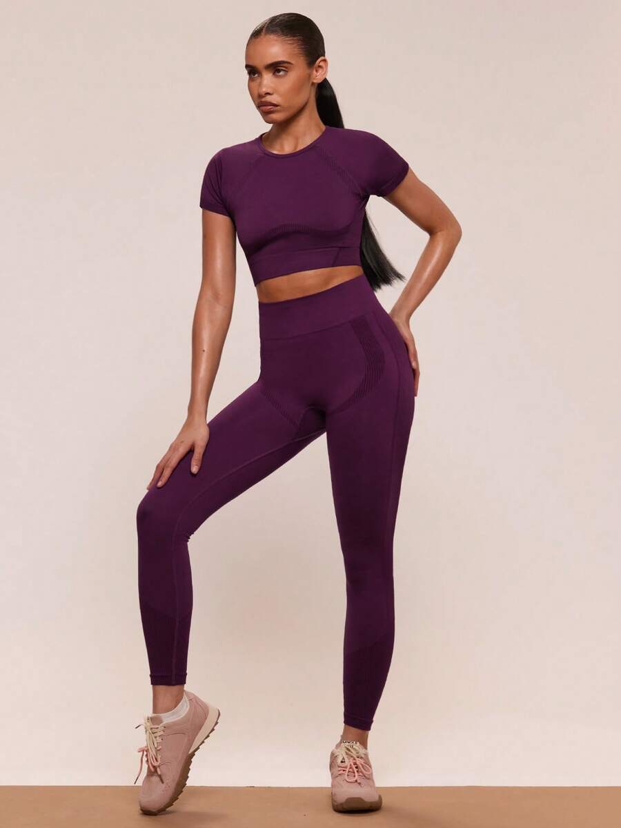 SHEIN BAE Women Plain Solid Color Crew Neck Short Sleeve Top And Stretchy Seamless Long Pants Athletic Sportswear Set Workout Women Set Women Leggings Set Gym Women Outfit - Red Violet - View 1