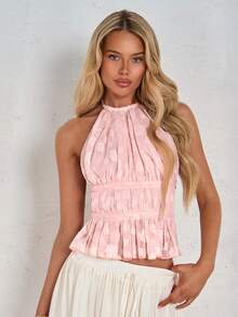 SHEIN Glamour 女士提花露背吊带粉色褶皱娃娃衫，沙滩度假吊带粉色娃娃衫，粉色褶皱上衣，褶皱上衣，沙滩度假约会之夜上衣 - 淺粉色 - 查看 8