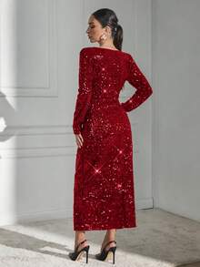 EURMUSE 女士纯色交叉V领长袖亮片修身优雅连衣裙 - 紅色 - 查看 8