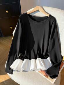SHEIN PETITE CURVE Plus Size Women's Fashionable Casual Contrast Hem Long Sleeve T-Shirt - Multicolor - View 7