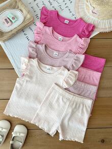 SHEIN Bộ 8 món cho bé gái 0-3 tuổi, mùa xuân/hè, kiểu dáng thường ngày, dễ thương, màu trơn, dệt kim tay ngắn bất đối xứng và quần short. - Nhiều màu - Xem 6