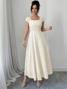 Modelyn 女款方領短袖百褶復古法式白色洋裝，米白色夏季優雅婚禮賓客純色女士優雅洋裝 - 杏色 - 查看 3