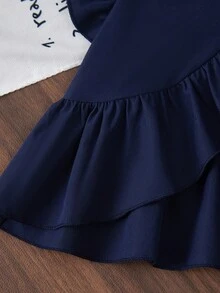 Elladie kids Girls (Small) Cute Ruffle Hem Asymmetrical Design & Bow Print Casual Pants Set - Royal Blue - View 7