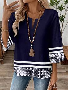 EMERY ROSE 女士七分袖V领工作衬衫，春秋季 - 藍色 - 查看 1