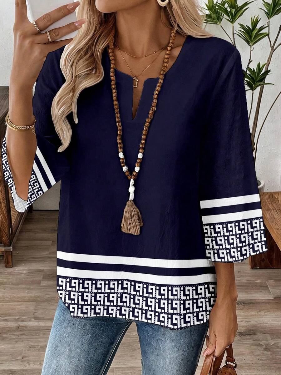 EMERY ROSE 女士七分袖V领工作衬衫，春秋季 - 藍色 - 查看 1