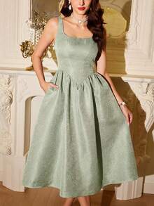 Vintamour 复古优雅女士连衣裙，带口袋，提花面料，适合派对/节日穿着，长款连衣裙，冬季女装，冬季连衣裙，万圣节服装，圣诞节服装，圣诞节套装，圣诞女装，圣诞连衣裙，圣诞派对连衣裙，新年服装，新年套装，派对连衣裙，优雅派对连衣裙，优雅女士连衣裙，优雅连衣裙，女士奢华晚礼服 - 薄荷綠 - 查看 2