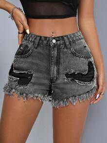 SHEIN PETITE Quần short denim bạc màu, phong cách thường ngày mùa hè. - màu đen - Xem 3