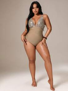 Auralis 大码亮片深V领连体泳衣 - 卡其色 - 查看 6