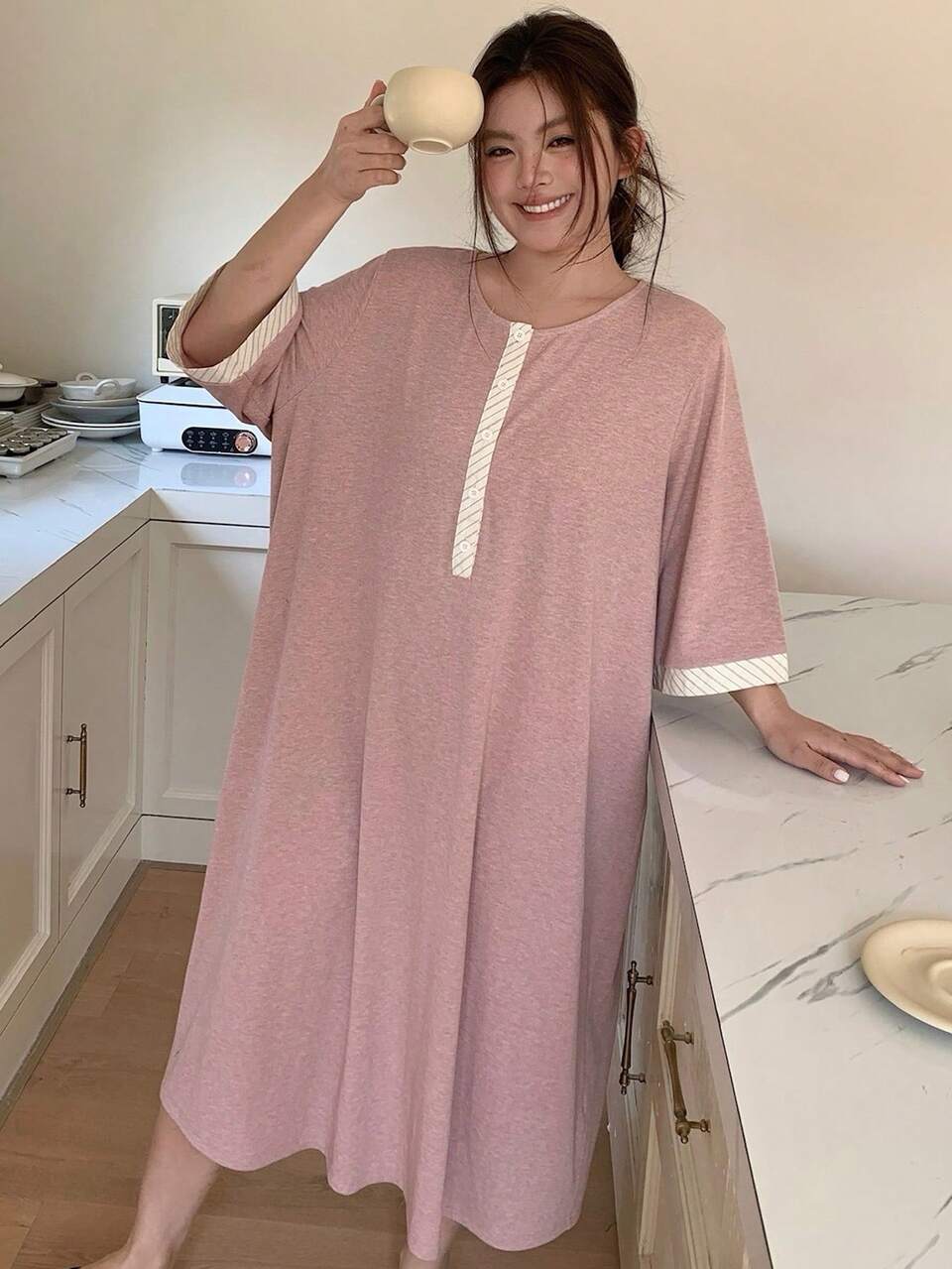 Dazy Plus Plus Size Simple Round Neck Nightgown Summer Pajamas