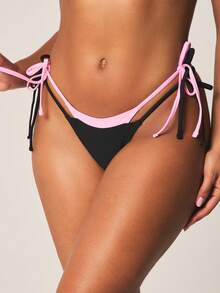 MISSGUIDED Women's Double Layer Tie Side String Bikini Bottoms With Contrast Trim And Adjustable Side Ties For Beach Vacation Swimming - Multicolor - View 1