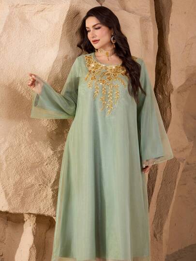 Al Najma 大码女式长款花卉领阿拉伯风格连衣裙，适合春秋季日常穿着和聚会场合