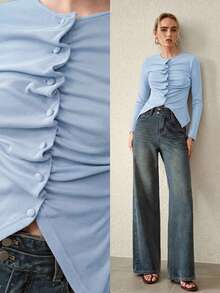 MOTF PREMIUM CAMISETA DE MANGA LARGA DE PUNTO ACANALADO CON BOTONES FRUNCIDOS PARA MUJER, OTOÑO/INVIERNO - Azul - Ver 7