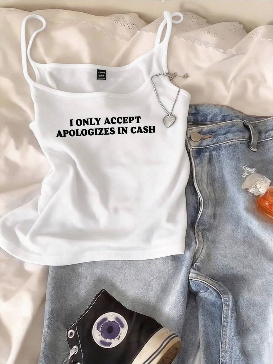 SHEIN EZwear 女士休闲性感标语印花白色吊带背心,适合夏季穿着 - 白色 - 查看 1