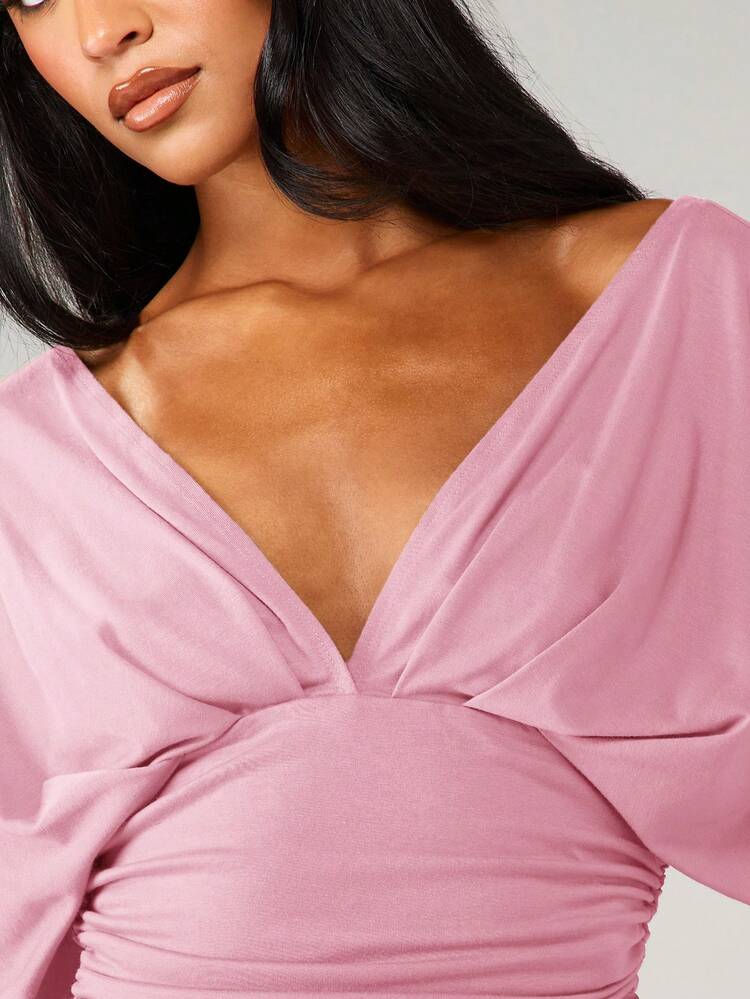 MISSGUIDED Women Off Shoulder Twist Front Ruched Crop Top With Deep V Neckline And Elbow Length Sleeves For Spring Summer