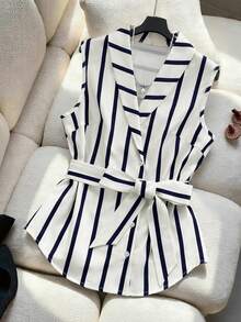 GlowEve Women's Elegant Casual Commuter V-Neck Sleeveless Striped Tie-Waist Slim Fit Blouse, Spring/Summer - Multicolor - View 1