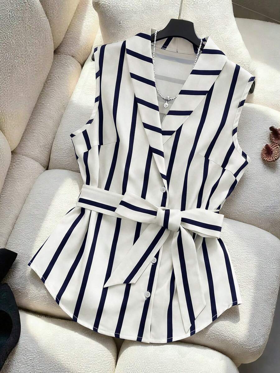 GlowEve Women's Elegant Casual Commuter V-Neck Sleeveless Striped Tie-Waist Slim Fit Blouse, Spring/Summer - Multicolor - View 1