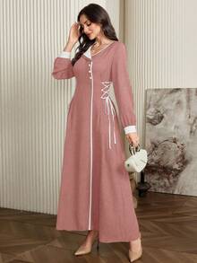 Modelyn 撞色滚边抽绳腰带修身连衣裙 - 橘色 - 查看 2