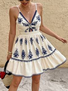 SHEIN Frenchy Đầm mini mùa hè không tay, hở lưng, dây mảnh, đính nơ, kiểu vintage dành cho nữ. - Màu xanh lam - Xem 6