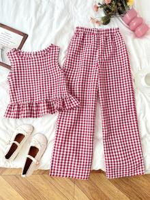 Serisse Kids Conjunto de top de tirantes y pantalones con estampado de cuadros para niñas preadolescentes, verano - Rojo - Ver 8