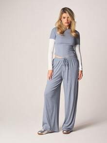 MISSGUIDED Striped Short Sleeve Top And Wide Leg Pants Two Piece Loungewear Set With Drawstring Waist - Blue and White - View 1