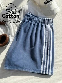 Comfortcana 复古水洗蓝色针织阔腿休闲短裤，百搭大码，春夏款 - 藍色 - 查看 3