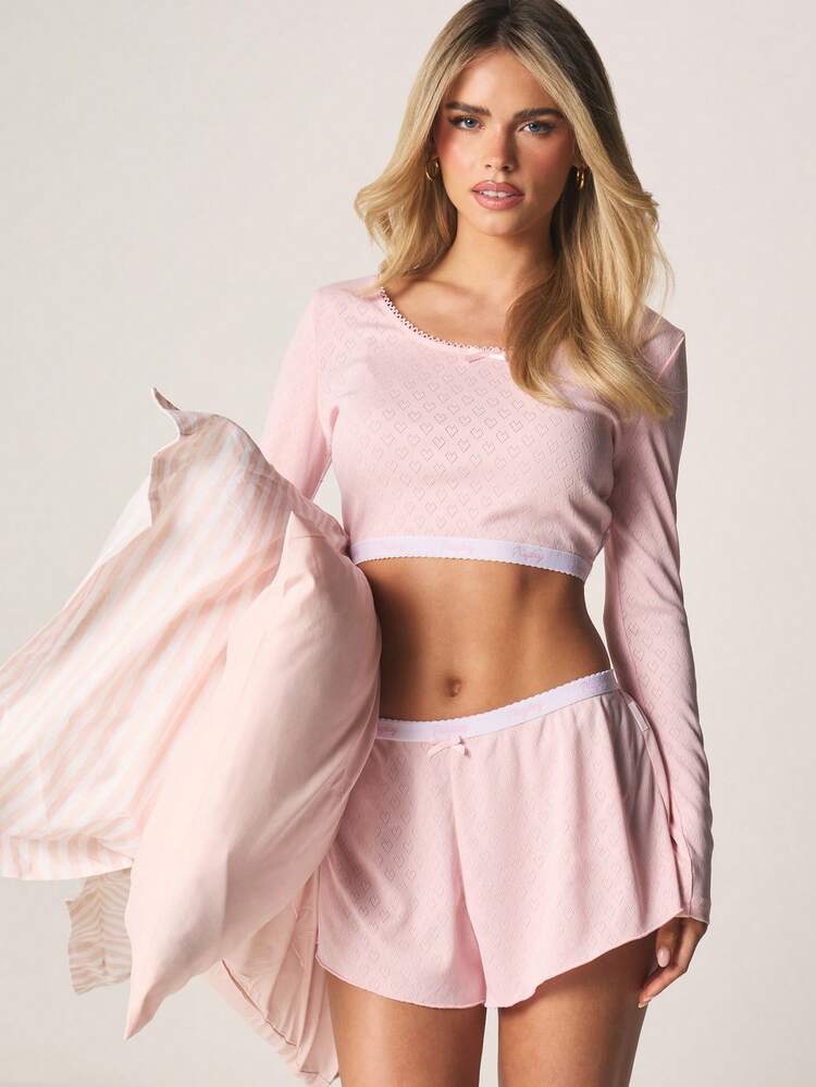 Missguided x Playboy Pointelle Knit Cropped Long Sleeve Top And Relaxed Shorts Pajama Set With Contrast Trim Details For Sleepwear Loungewear Comfort For Valentine's Day