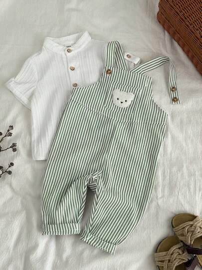 SHEIN Baby Boy/Girl Baby Fall/Winter Outfit Set Overalls, Jumpsuits, Cute Bear Embroidered Black & White Striped Bib Pants Jumpsuit, Comfortable Versatile Fashionable Casual Basic Style, Suitable For Indoor, Outdoor Skiing, Daily Wear, Sports, Play, Party, Festival, Halloween, Christmas, New Year