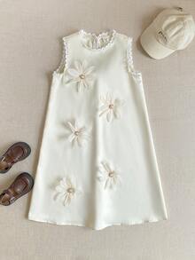 SHEIN 少女优雅度假圆领蕾丝拼接3D立体花朵装饰大蝴蝶结露背修身A字无袖连衣裙，杏色少女仿珍珠连衣裙，奶油色女童连衣裙，象牙色女童连衣裙 - 香檳色 - 查看 6