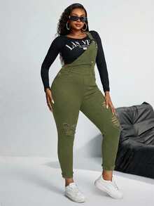 SHEIN SXY 大码做旧纯色休闲百搭修身牛仔连体裤 - 軍綠色 - 查看 4