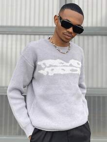 Ngobest Haus Ngobest Haus Men's Sweater, Warm For Autumn And Winter, European And American Style, Unisex, Loose Fit, Business Casual, High Street, Niche Design, Long Sleeve, Drop Shoulder, Minimalist Crew Neck Knit Top - Grey - View 5