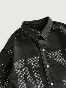 ROMWE MEN Street Life Men's Casual Fashion Street Letter Rhinestone Washed Short Sleeve Denim Shirt, Summer - Black - View 3