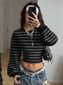 Coolane 女士休闲条纹印花撞色套头卫衣，适合外出、街头时尚、休闲、Y2K风格、海滩、度假、嘉年华、音乐节等场合。 - 彩色 - 查看 5