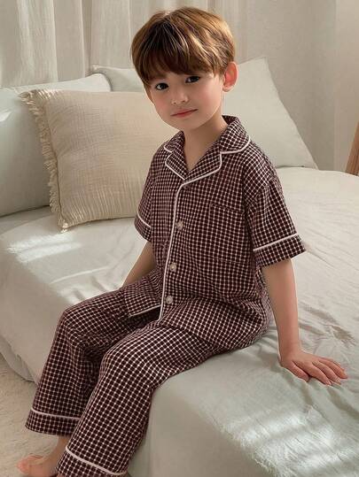 DAZY Young Boy Plaid Single-Breasted Short Sleeve Top And Wide-Leg Pants Pajama Set