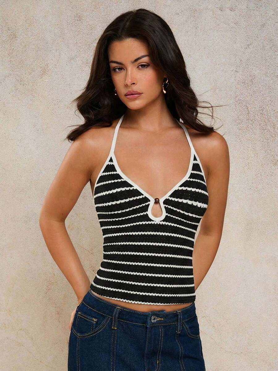 COSMINA Áo tank top không tay dáng ôm, kiểu racerback, kẻ sọc dành cho nữ - màu đen - Xem 1