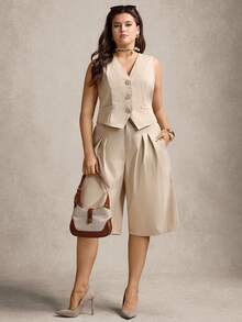 Zelara Bộ đồ nữ cỡ lớn màu trơn gồm áo vest một hàng cúc và quần short Bermuda xếp ly có túi, kiểu dáng thường ngày. - Màu Khaki - Xem 2