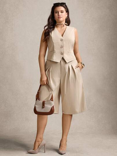 Zelara Women's Plus Size Solid Color Single-Breasted Vest Top And Pleated Pocket Bermuda Shorts 2-Piece Casual Set