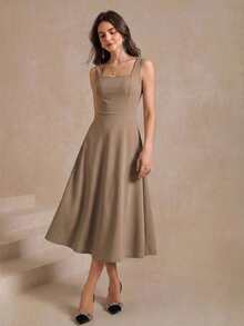 Amorya Vestido de verano de mujer con cuello cuadrado, sin mangas y cintura ceñida, de unicolor y elegante minimalista - Caqui - Ver 3