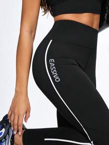 Eassivo Eassivo Women's High Waist Letter Print Contrast Piping Butt Lifting Shapewear Leggings - Black - View 7