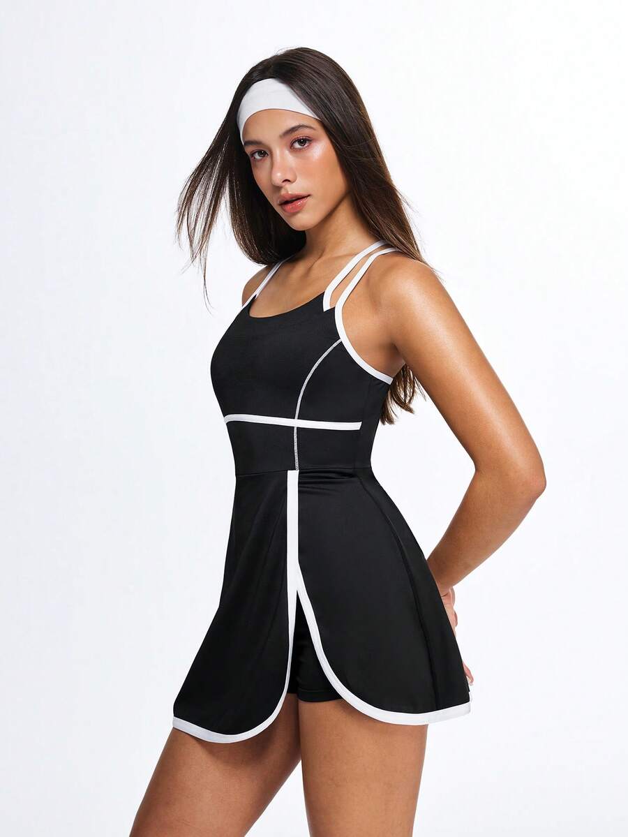 Eassivo Eassivo Women's Sporty Casual Contrast Trim Dress, Yoga Outfit - Black and White - View 1