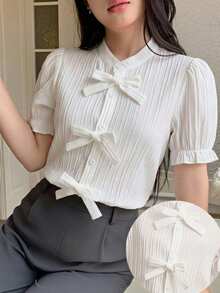 1pc Girls Elegant Polyester Blouse, Simple And Generous, Suitable For School, Commuting And Other Scenarios In Spring And Autumn - White - View 1
